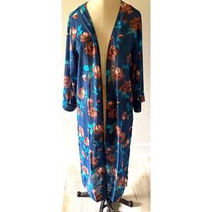 floral long duster Kimono XL Plus Sheer Blue Coverup Boho Fairy y2k 90s resort